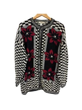 Vintage Norm Thompson 100% Alpaca Checkerboard Cardigan Sweater Handmade Peru XL